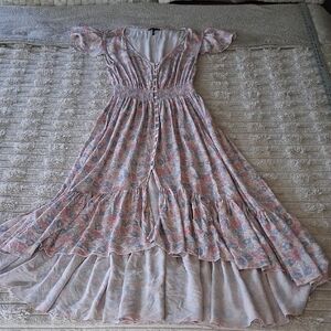 bobi BLACK Pink and Blue Floral Smocked Flutter Sleeve Sundress